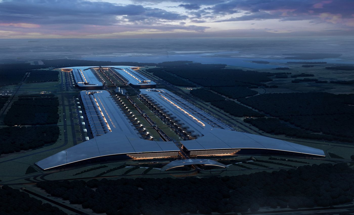 Rendering of the planned Terafab chip factory seen from the air at dusk