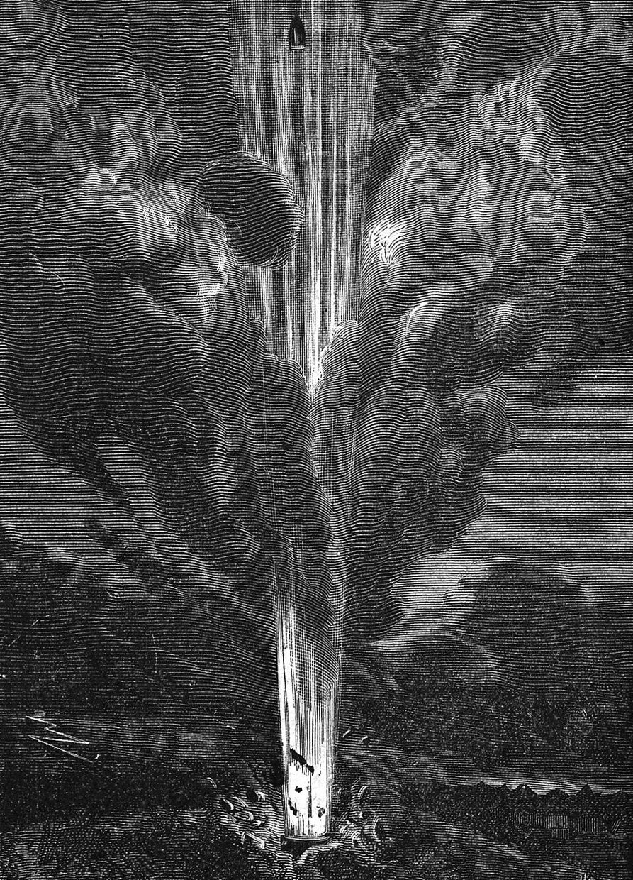 Engraving of the projectile leaving the Columbiad cannon